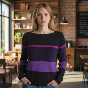 Lauren Ralph Lauren Colorblock Sweater 1X Black Purple Pink Stripe Knit Nautical